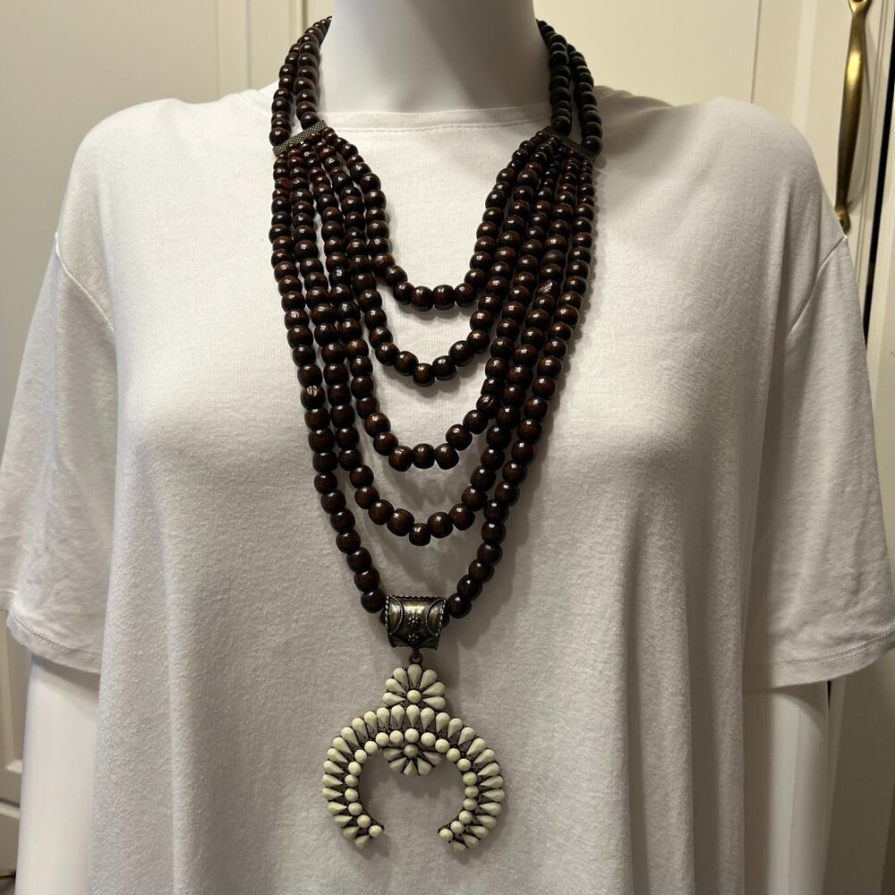 Large Multi-Strand Wooden Bead & Ivory Pendant Statement Necklace (Pretty!)‎